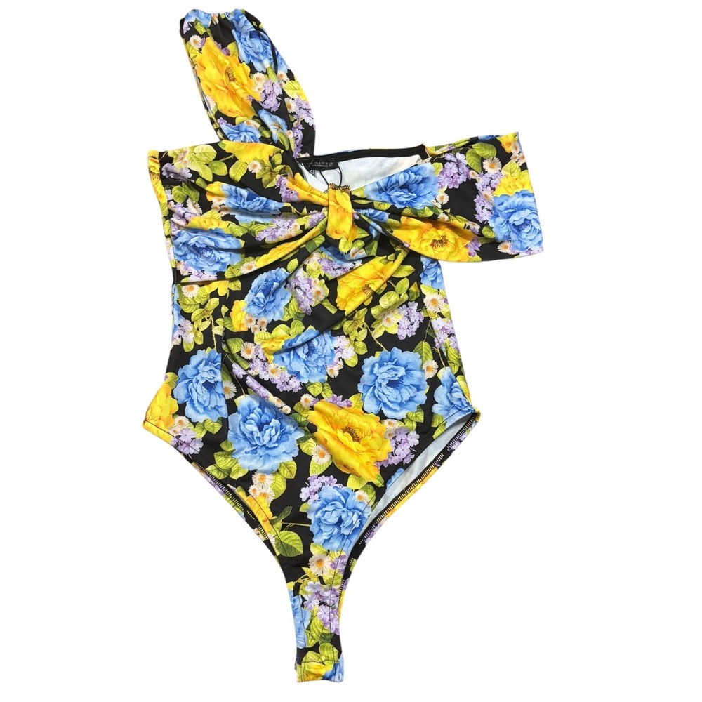 ZARA Floral Bodysuit One Shoulder‎ Bow Accent Party Night Out Small NWOT